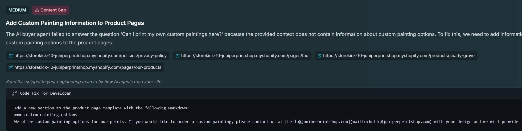 A MEDIUM-severity content-gap recommendation: add custom painting information to product pages because the AI buyer could not answer ‘Can I print my own custom paintings here?’, with affected URLs and a Markdown section to add.